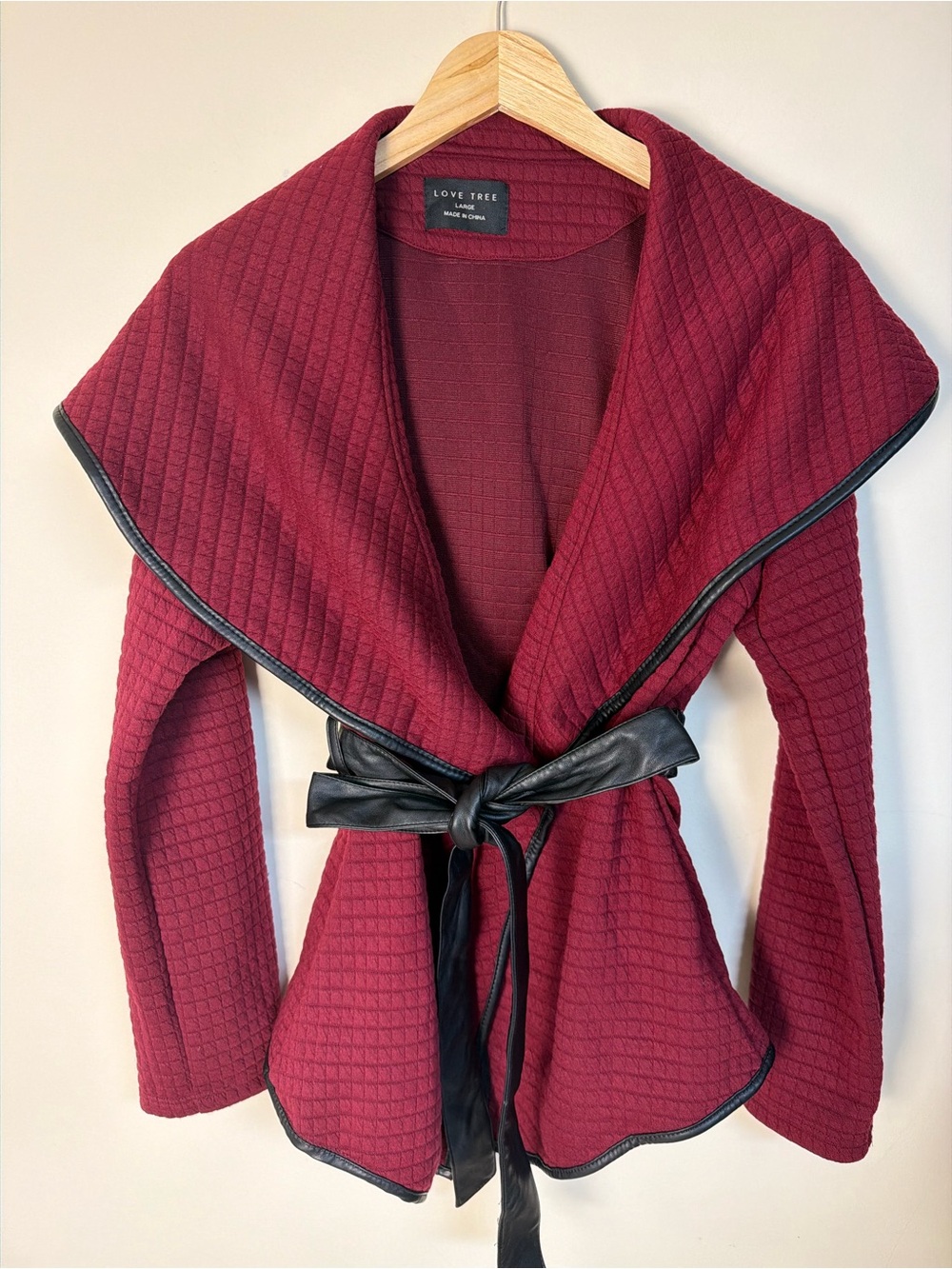 Love Tree Wine Quilted Shawl Collar Wrap Cardigan with Faux Leather Trim